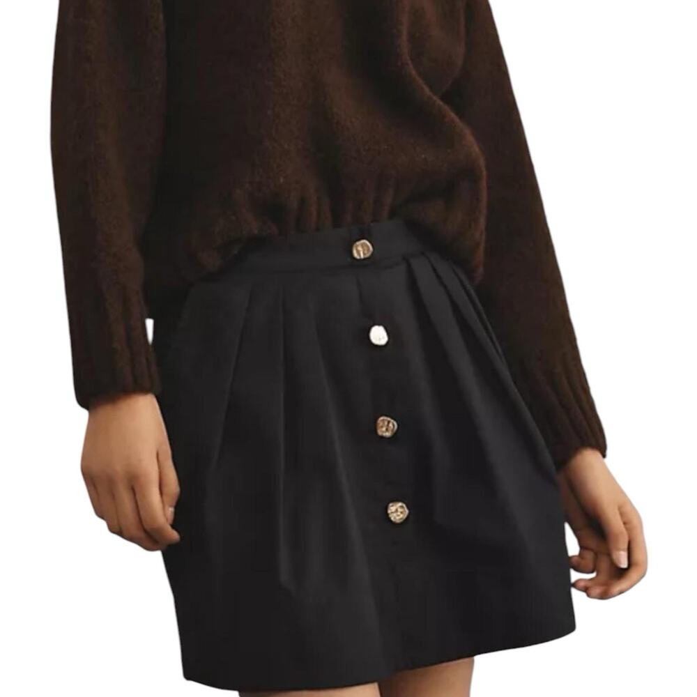 Anthropologie Black Pleated Mini Skirt Gold Buttons Size XL